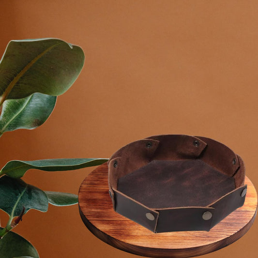 Genuine Leather Round Tray Organizer - Practical Storage Box for Wallets