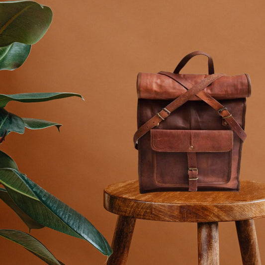 YUHIB 23" Brown Leather Backpack  Laptop Bag
