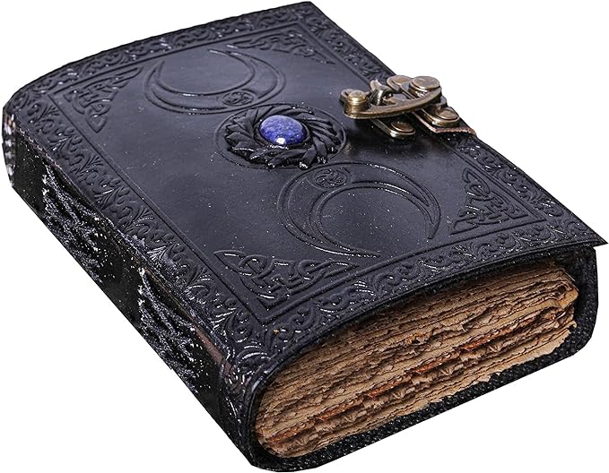 Vintage Leather Journal Witch Stone Black Triple Moon Design
