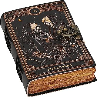 Book of Spells Leather Journal Deckle Edge Paper Grimoire Printed Journal The Lovers Tarot Notebook