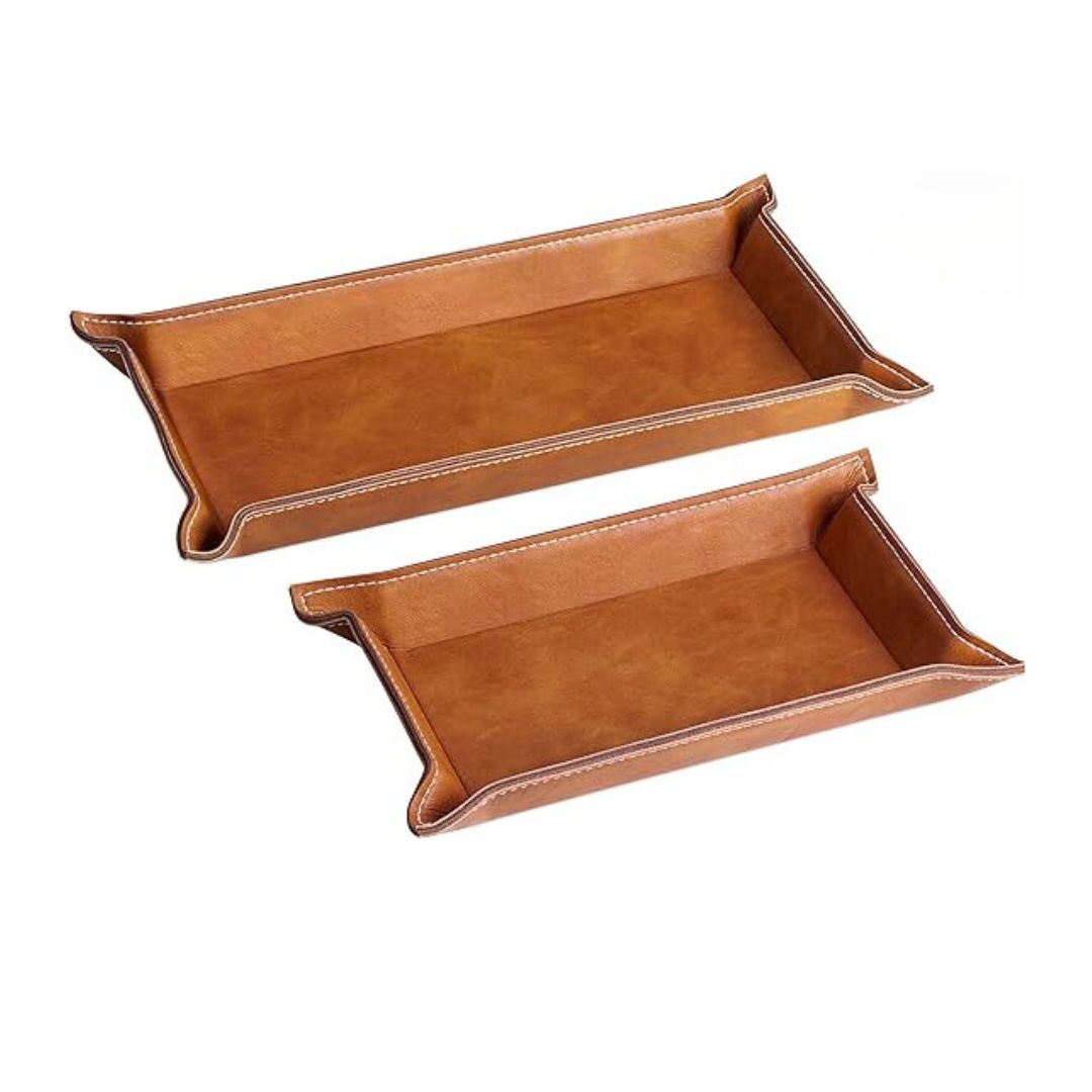 Leather Tray Set - 2 Valet Organizer Trays for Bedside Table