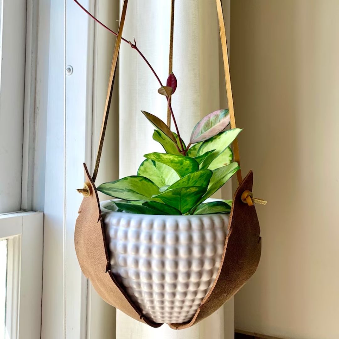 Handmade Boho Leather Botanical Leaves Indoor Plant Hanger