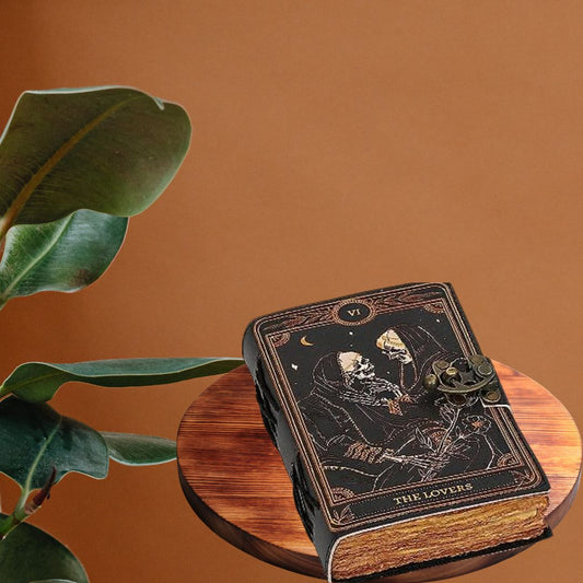 Book of Spells Leather Journal Deckle Edge Paper Grimoire Printed Journal The Lovers Tarot Notebook