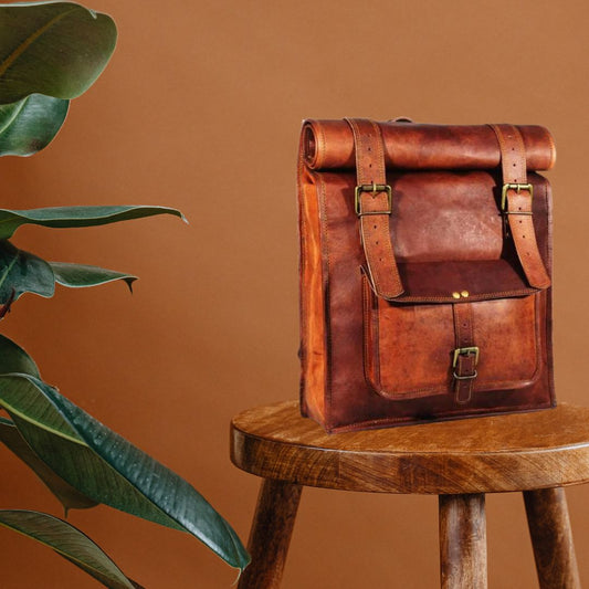 YUHIB  Leather Vintage Roll On Laptop Backpack