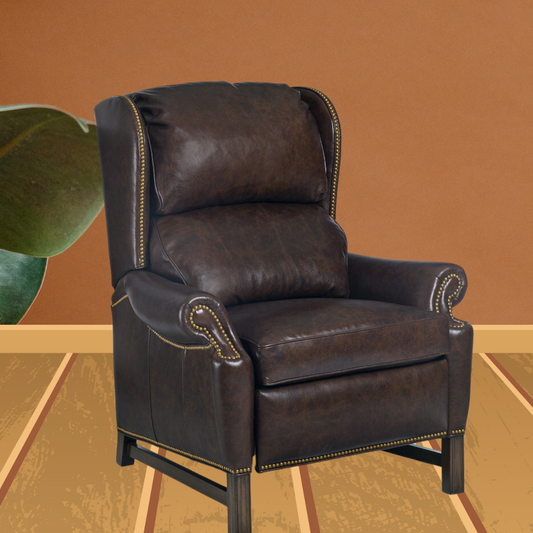 Brown Leather Recliner Chair with Traditional Push Back and Decoration