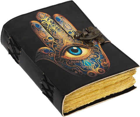 The Khamsa Symbol Printed journal  Made with Goat Leather And Handmade Deckle Edge Vintage Paper