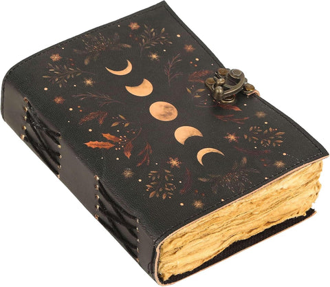Six Moon Printed journal Made with Goat Leather And Handmade Deckle Edge Vintage Paper