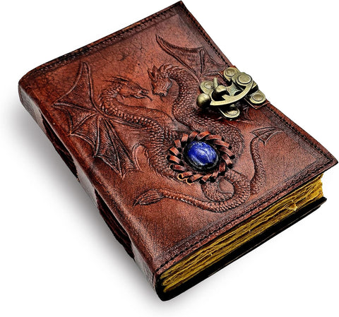 Double Dragon Stone Journal with Stone's Made with Goat Leather And Handmade Deckle Edge Vintage Paper
