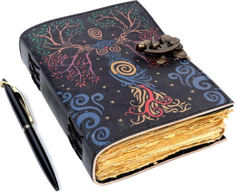 Blue Lady (Tree of Life) Printed journal  Made with Goat Leather And Handmade Deckle Edge Vintage Paper